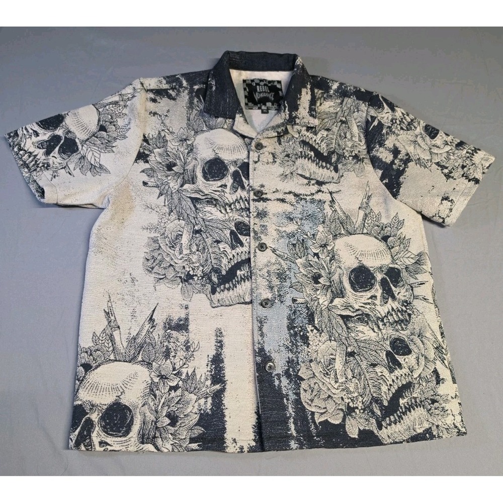 Rebel Vengeance Skull Floral Tapestry Shirt Short Sleeve Button Up Ivory  XL
